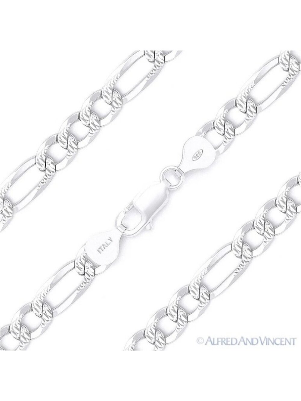 6.8mm Figaro D-Cut Pave Link Italian Chain Necklace in .925 Sterling Silver 28"